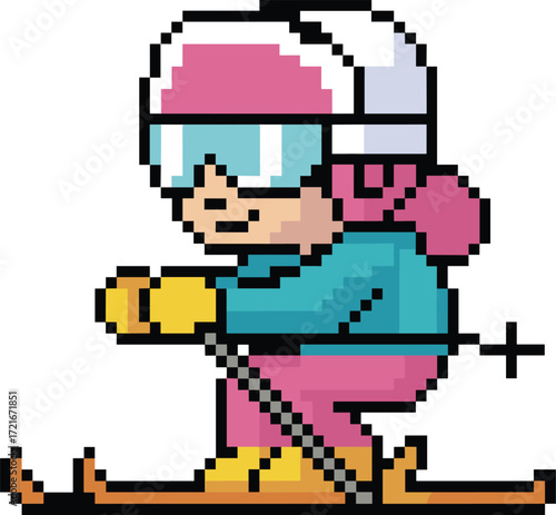 Pixel art skier, winter sports character, downhill skiing pose, retro video game style, vector illustration, snow gear, active lifestyle