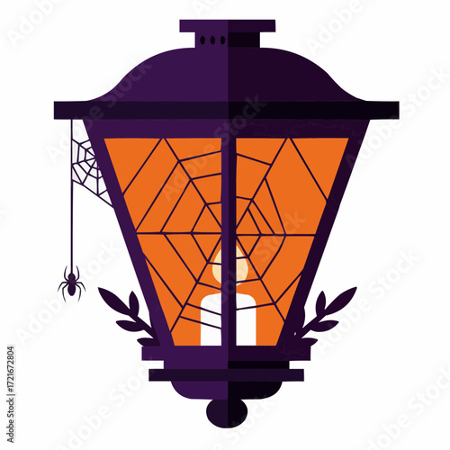 Halloween lantern with spider and cobweb in spooky style  