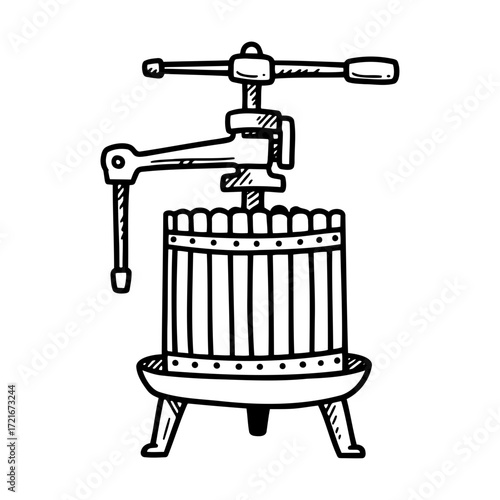 Vintage grape press illustration in black and white style  