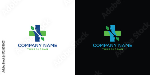 Healthcare logo with leaf and cross symbol Logo Design 