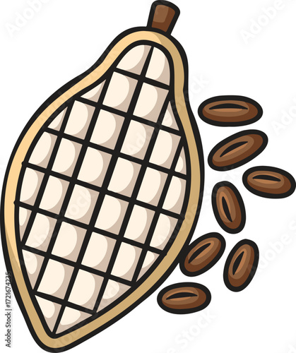 A cartoon cocoa pod cut open to reveal a grid of seeds with loose beans scattered to the right