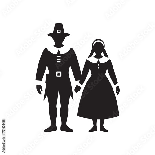 Pilgrim couple holding hands, isolated on white background
