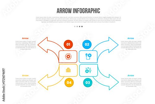 Arrow base shape infographics template diagram with quadrant structure with curve round arrow spreading with 4 point step creative simple flat outline