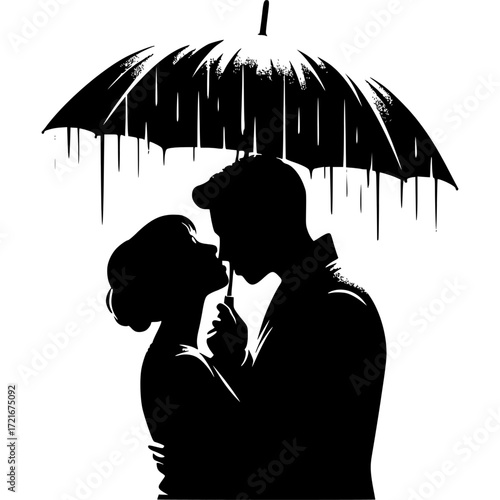 Silhouette of Love: A poignant, black and white illustration captures the intimate moment of a couple embracing beneath the protective shelter of an umbrella, embodying romance.