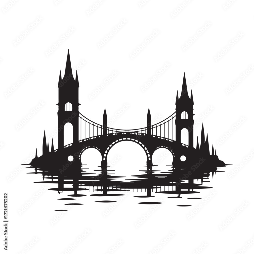 Obraz premium Silhouette of a grand, ornate bridge with towers and arches, reflected in water, isolated on white background