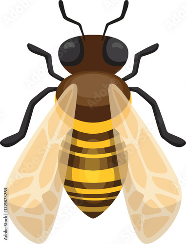 A cartoon bee with brown and yellow stripes and translucent wings