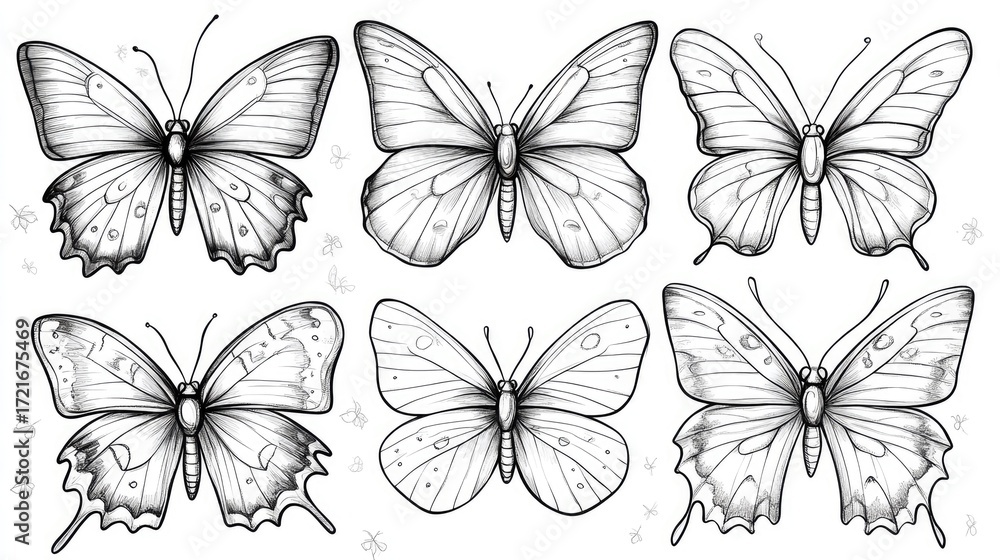 Obraz premium Six detailed hand-drawn butterfly illustrations in black and white.