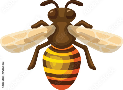 A cartoon bee with brown body yellow and orange stripes and translucent wings