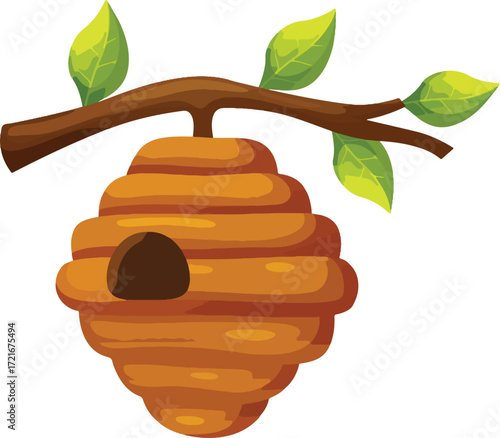 A cartoon beehive hangs from a tree branch with green leaves