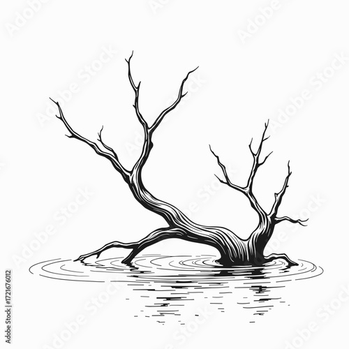 Dried tree branch emerging from tranquil water surface  