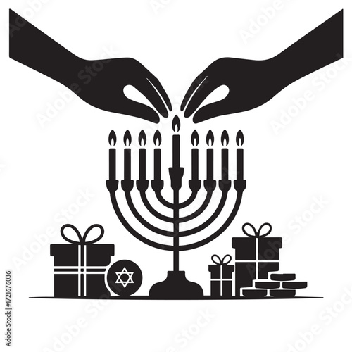 Silhouette of hands lighting a hanukkah menorah with gifts and dreidel isolated on white background