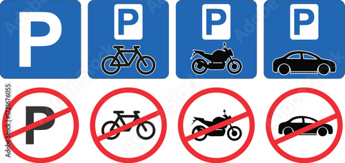 A comprehensive set of parking and no-parking signs for various vehicles, including cars, motorcycles, and bicycles, perfect for urban design and transportation.

