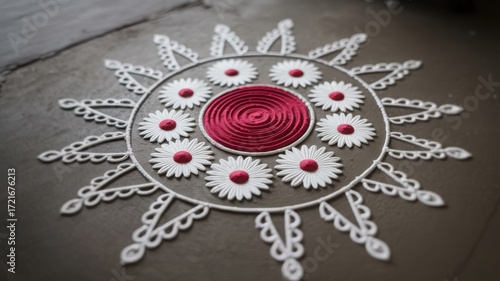 Intricate white and pink floral sunburst mandala design