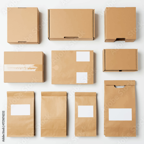 Variety of blank brown cardboard boxes and kraft paper bags arranged on a white background, ready for shipping and branding.