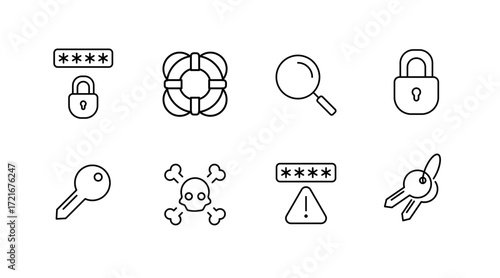 Security and safety outline icons set – linear, key, lock and protection symbols