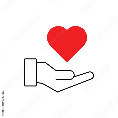 Minimal line art of a hand holding a red heart, symbolizing love, care, charity, giving, and support. Perfect for health, donation, kindness, and humanitarian concepts on a clean white background.