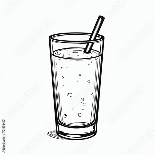 Glass of fizzy drink with straw on white background  