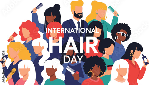 Diverse group celebrating international hair day with styling products