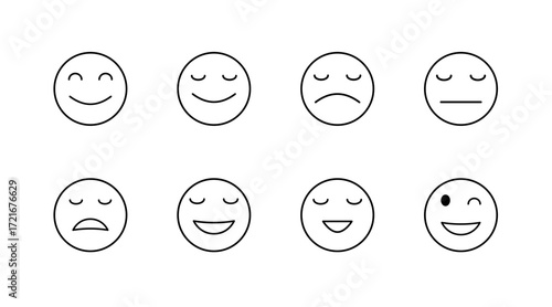 Emotion and expression outline icons set – linear, mood, face representation symbols