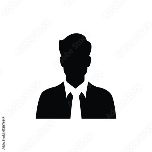 Black silhouette of a man in a suit and tie on a white background, representing business, professional profile, leadership, manager, and corporate identity. Perfect for career and recruitment concepts