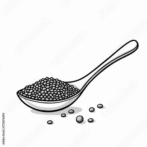 Black caviar on a spoon with scattered pearls on white background  