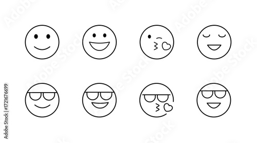 Emoticons and smiley line icons set – outline, minimal, expressions and moods
