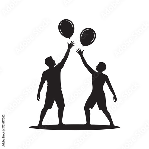 Silhouette of two people reaching for balloons, isolated on white background