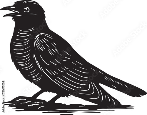 Black and white linocut illustration of a crow perched on a branch with its beak open