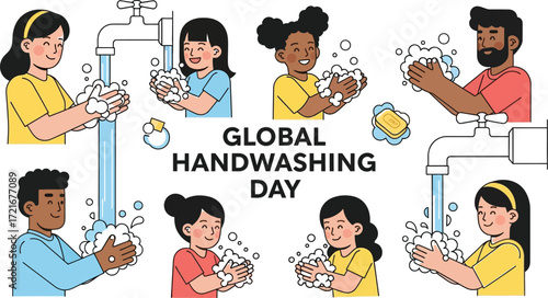 Diverse people washing hands for global handwashing day illustration