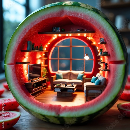 Ultra-realistic artistic living space inside a ripe watermelon half, glowing warm lights on juicy red interior walls, tiny modern furniture, whimsical yet natural ambiance, perfect for creative mockup