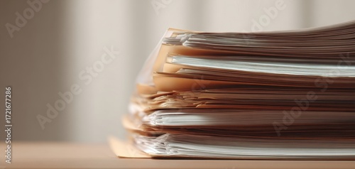 The Stack of Paper Folders and Files on a Desk in Soft Focus