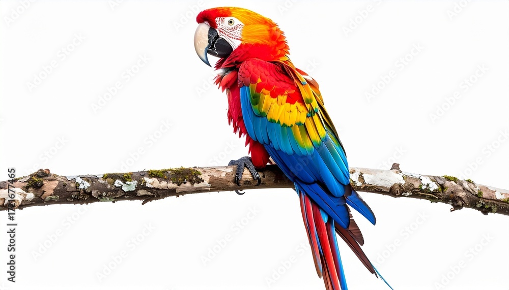 Fototapeta premium A parrot perched on a branch bright colorful feathers photorealistic realism white background with clean lighting 