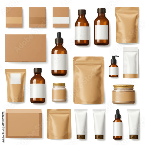 Assorted Blank Kraft Paper and Amber Glass Packaging Mockups on White Background
