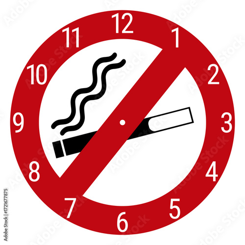 No Smoking Clock Face with Red Prohibition Sign and Cigarette Illustration