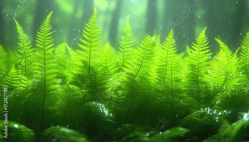 Lush green ferns under a soft, filtered light with falling raindrops. Evokes a sense of tranquility for nature or wellness-themed projects.