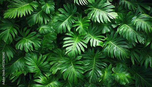 Lush green monstera leaves create a dense, tropical foliage background. Use as an exotic backdrop, or for natural and calming designs.