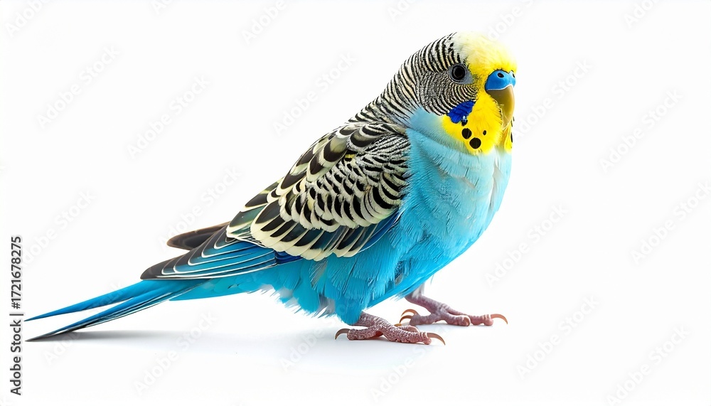 Fototapeta premium A budgerigar parakeet sitting with colorful feathers photorealistic realism white background with subtle highlights 