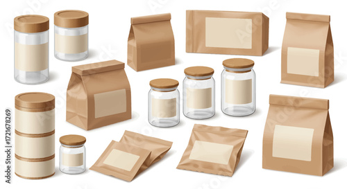 Diverse blank packaging mockups including brown kraft paper bags, glass jars with wooden lids, and tubes on a white background, ideal for product branding.
