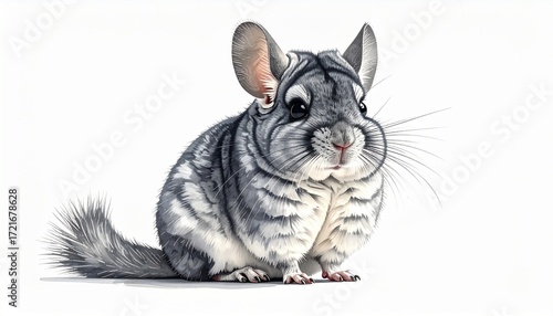 A chinchilla sitting upright with fluffy gray fur photorealistic realism white background with soft highlights
