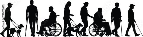 Silhouettes of people with disabilities and assistance animals walking