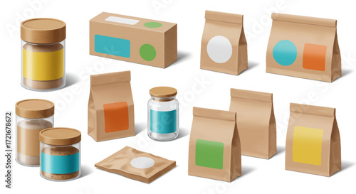 Set of Blank Product Packaging Mockups with Customizable Labels, Jars, Box, and Kraft Paper Bags