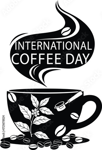 Black and white illustration for international coffee day celebration
