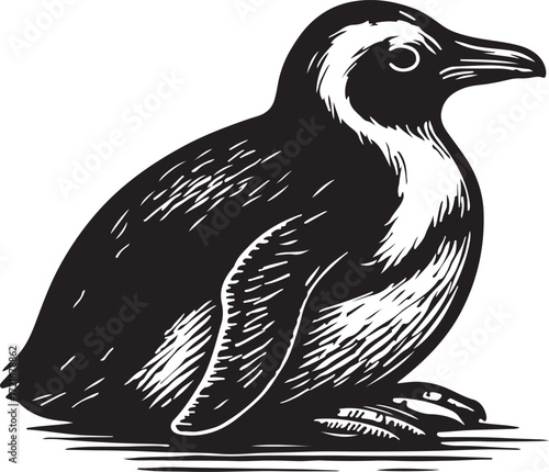 Black and white woodcut illustration of a magellanic penguin sitting on a textured surface