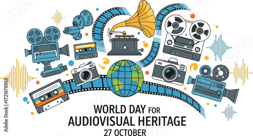 Celebrating world day for audiovisual heritage with vintage media icons