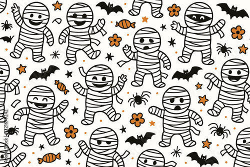 Cute Mummy Seamless Pattern – Hand-Drawn Halloween Background

