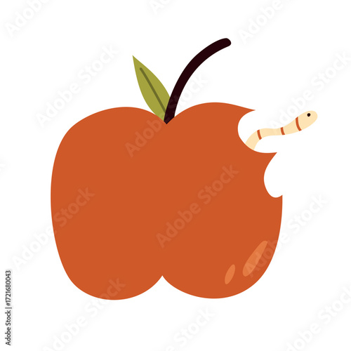 Illustration of a bitten apple with a worm.