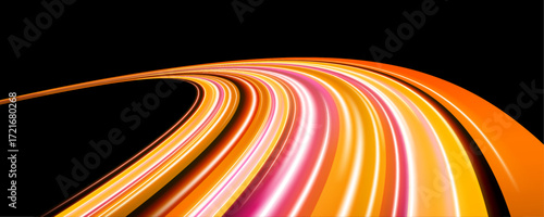 Bright comet-like lines twist in a dynamic wave motion. The background fades into a deep navy blue void. Futuristic speed effect with glowing light dynamics.