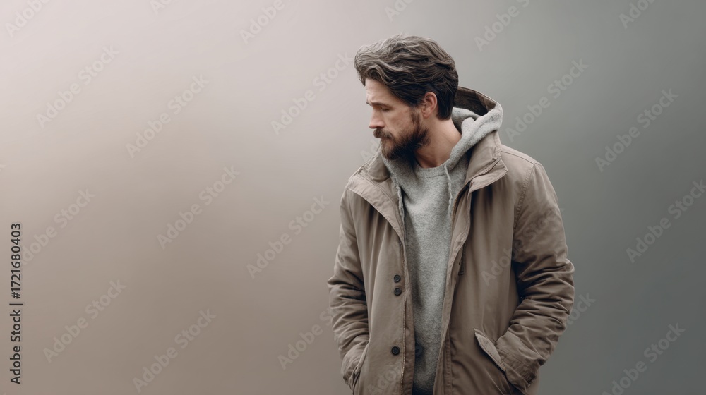 Fototapeta premium Man in a warm parka jacket standing calmly against a soft background urban setting portrait photography natural light reflective mood