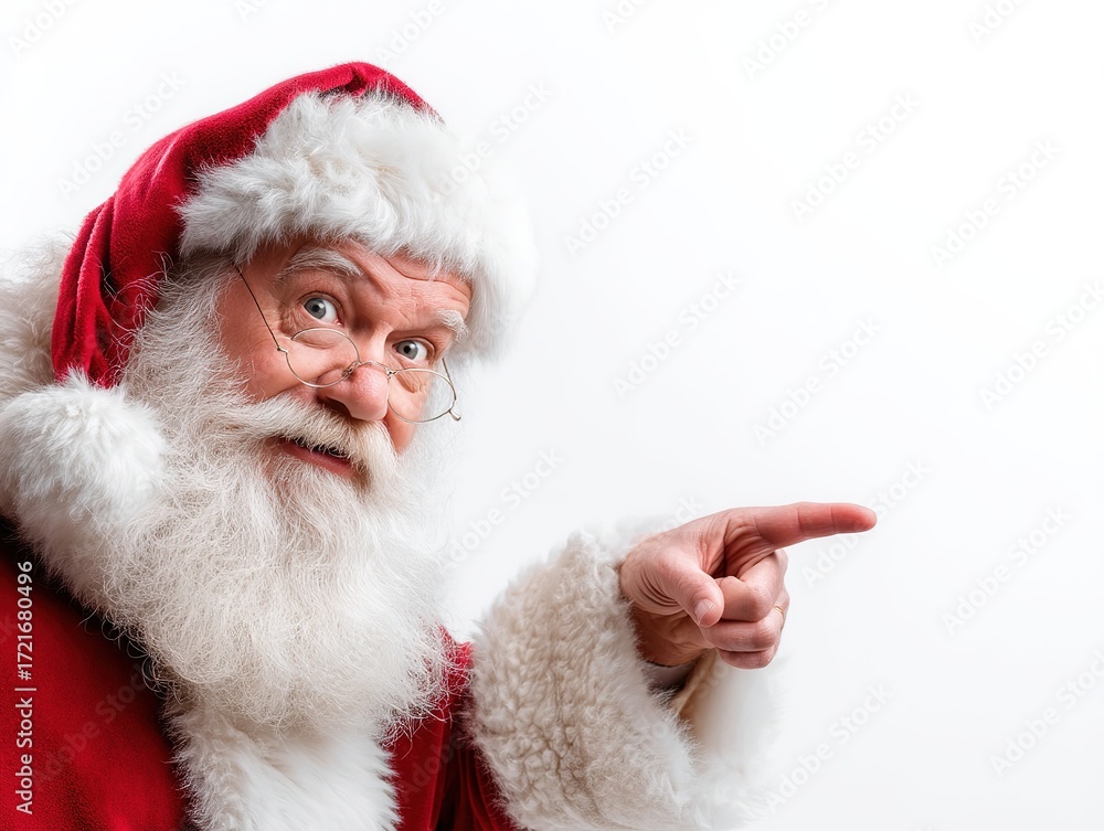 Naklejka premium Santa Claus in red costume with metal frame glasses pointing to the right with playful expression, white fur trim, pure white background, Christmas theme