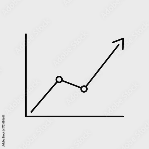 A simple black line graph on a gray background showing an upward trend with an arrow indicating growth and progress.
